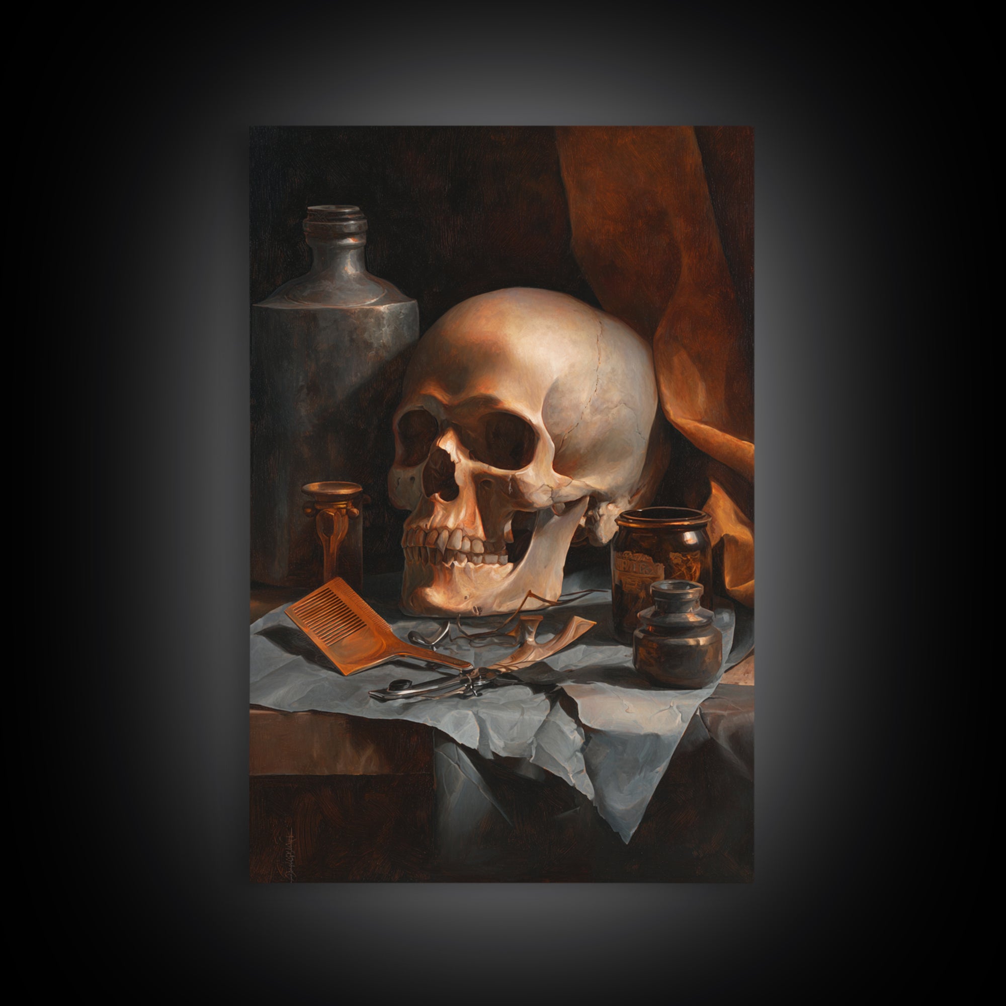 Skull with Comb and Razor in Tattoo Framed Canvas Print, Barbershop Art, Neutral Decor, Barbershop Decor, Abstract Art, BAA-2x3-47