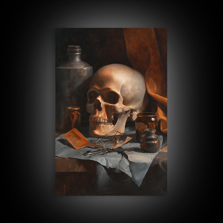 Skull with Comb and Razor in Tattoo Framed Canvas Print, Barbershop Art, Neutral Decor, Barbershop Decor, Abstract Art, BAA-2x3-47