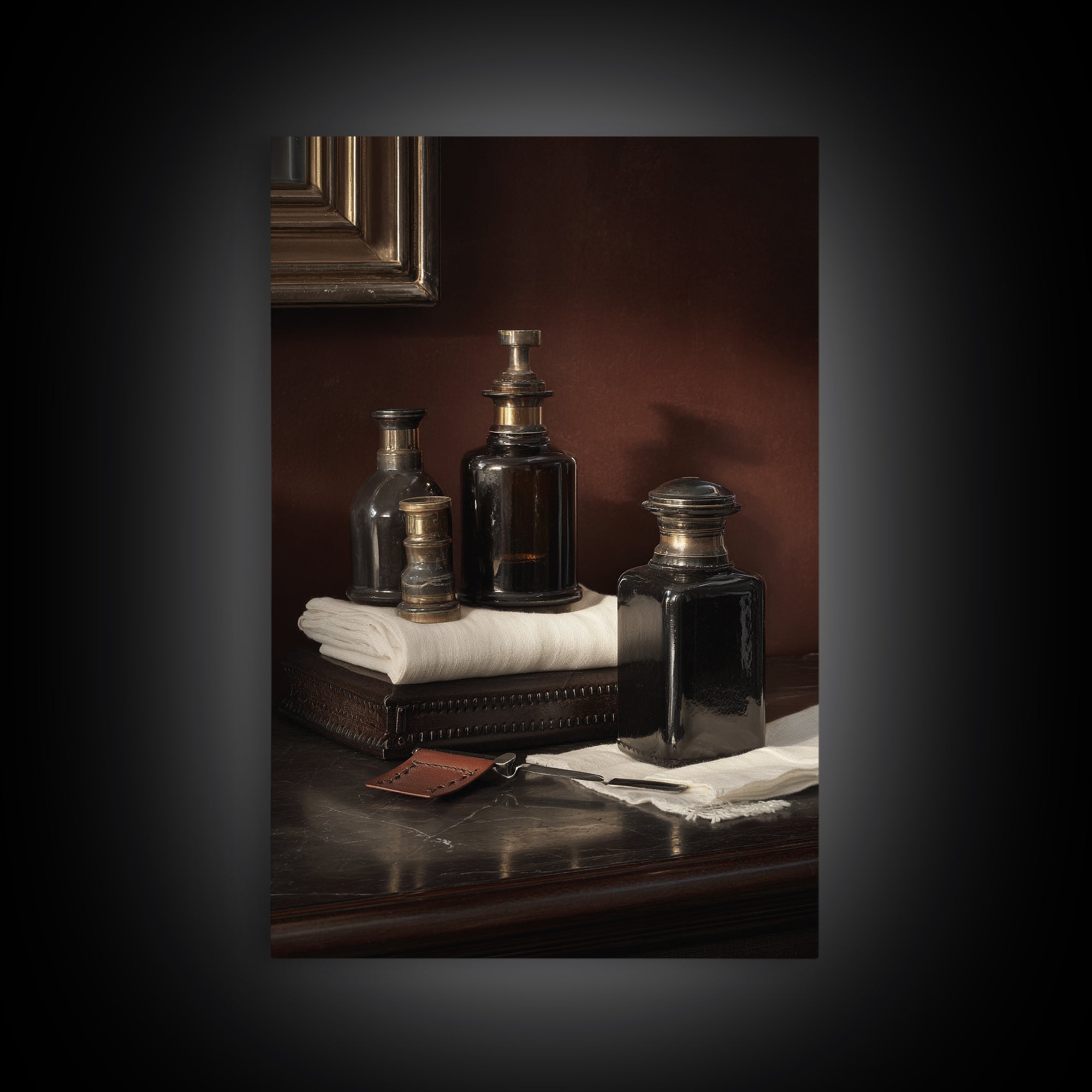 Old World Apothecary Bottles for Grooming Oils Canvas Print, Barbershop Art, Quirky Home Decor, Barbershop Decor, Grooming, BAA-2x3-52