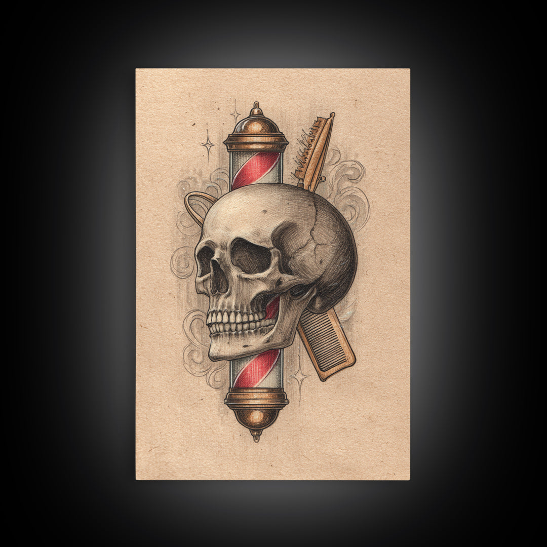 Skull with Comb and Razor in Tattoo Canvas Print, Barbershop Art, Luxury Decor, Barbershop Decor, Fine Art, Grooming, BAA-2x3-71