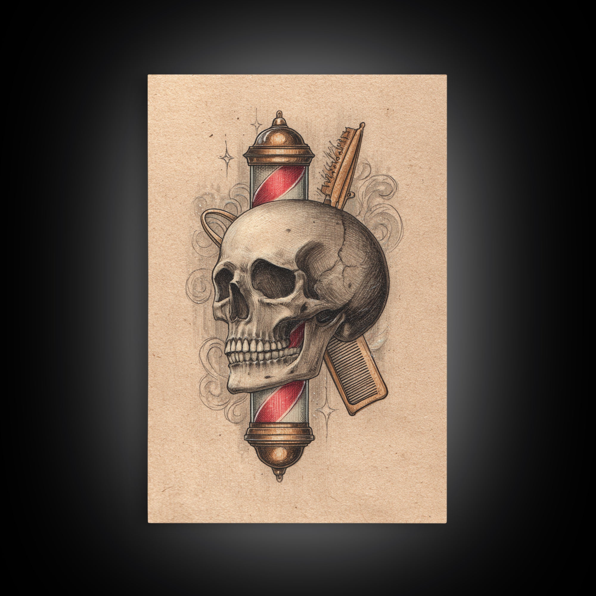 Skull with Comb and Razor in Tattoo Canvas Print, Barbershop Art, Luxury Decor, Barbershop Decor, Fine Art, Grooming, BAA-2x3-71