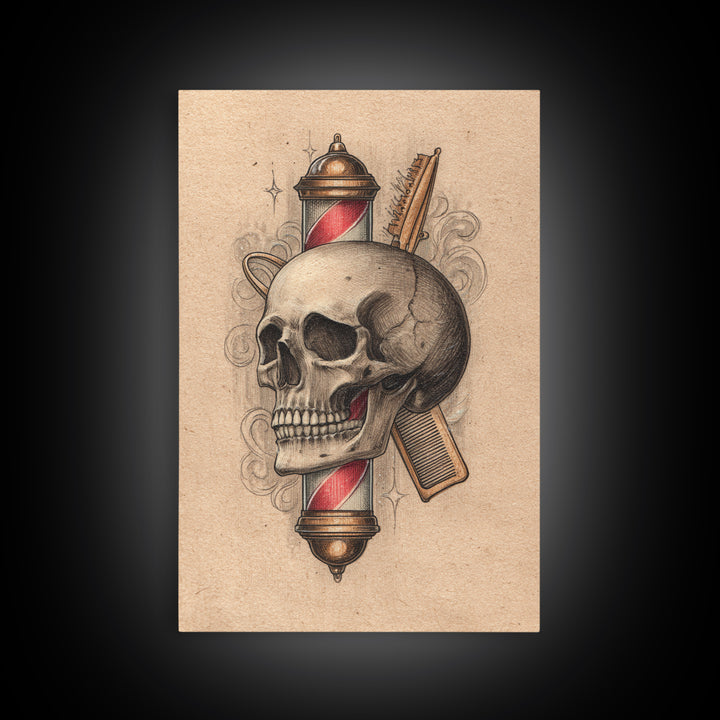 Skull with Comb and Razor in Tattoo Canvas Print, Barbershop Art, Luxury Decor, Barbershop Decor, Fine Art, Grooming, BAA-2x3-71