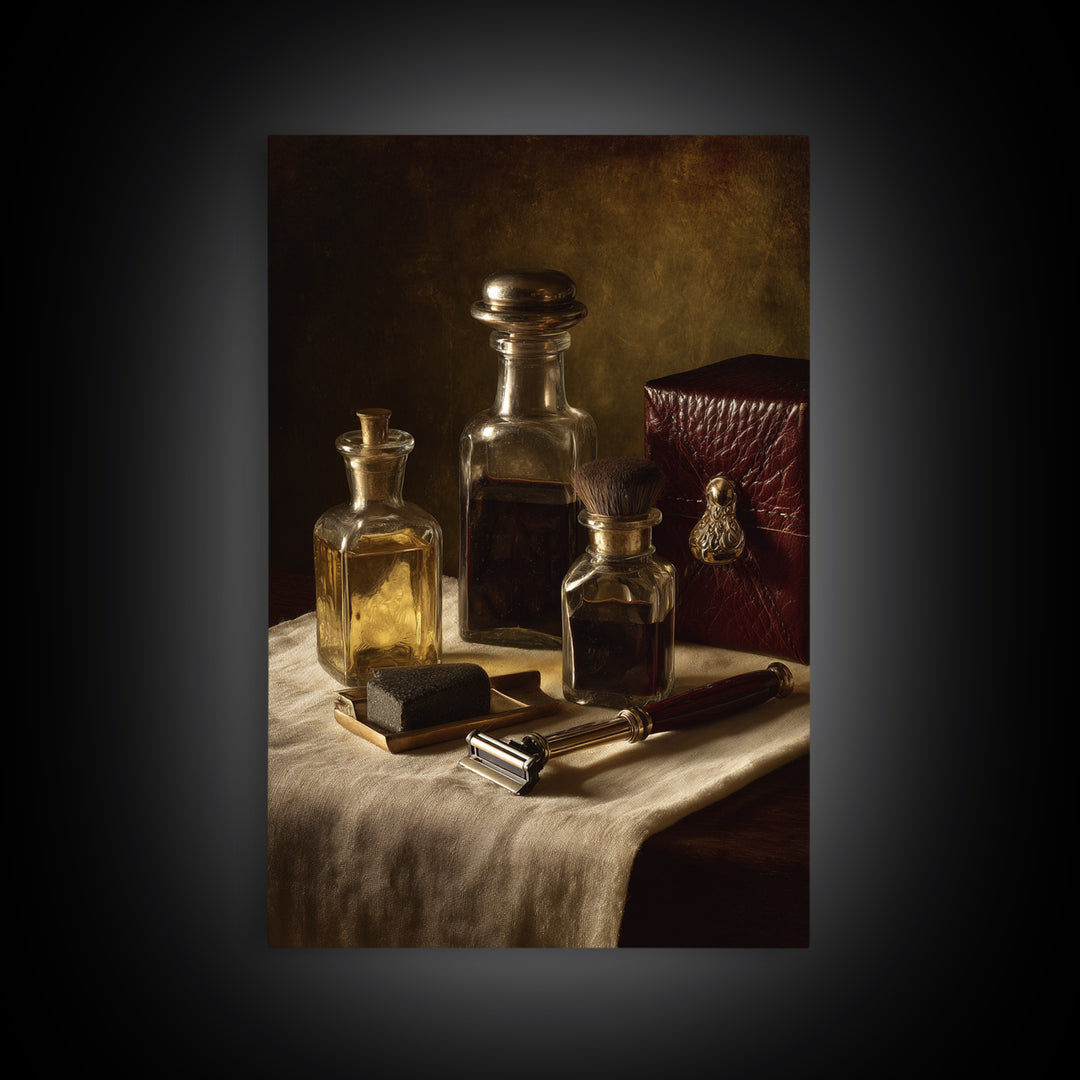 Old World Apothecary Bottles for Grooming Oils Canvas Print, Barbershop Art, Digital Wall Art, Barbershop Decor, Grooming, BAA-2x3-76