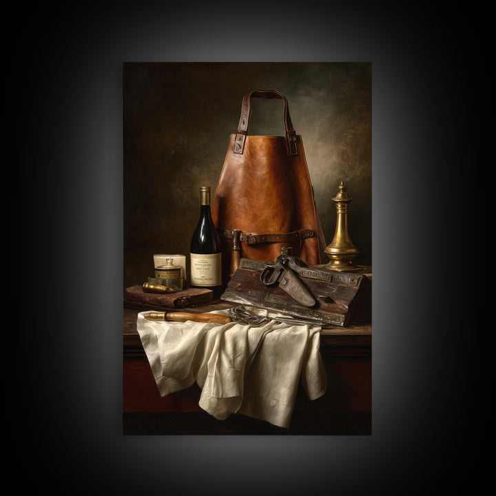 Leather Apron and Brass Tools Still Life Framed Canvas Print, Barbershop Art, Minimalist Decor, Barbershop Decor, Grooming, BAA-2x3-78