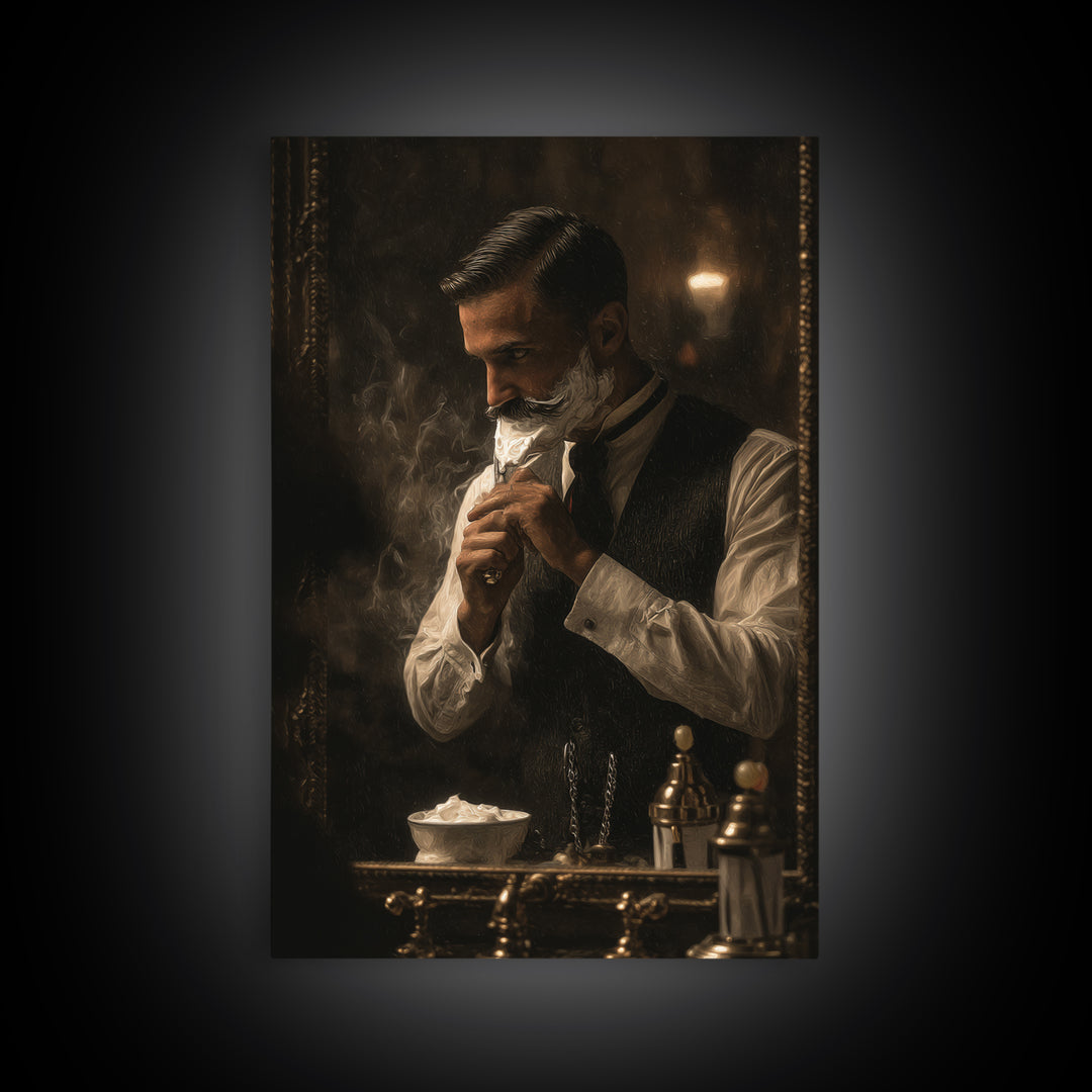 Hot Towel Shave Scene Cropped Close to Framed Canvas Print, Barbershop Art, Digital Art, Barbershop Decor, Fine Art, Grooming, BAA-2x3-93