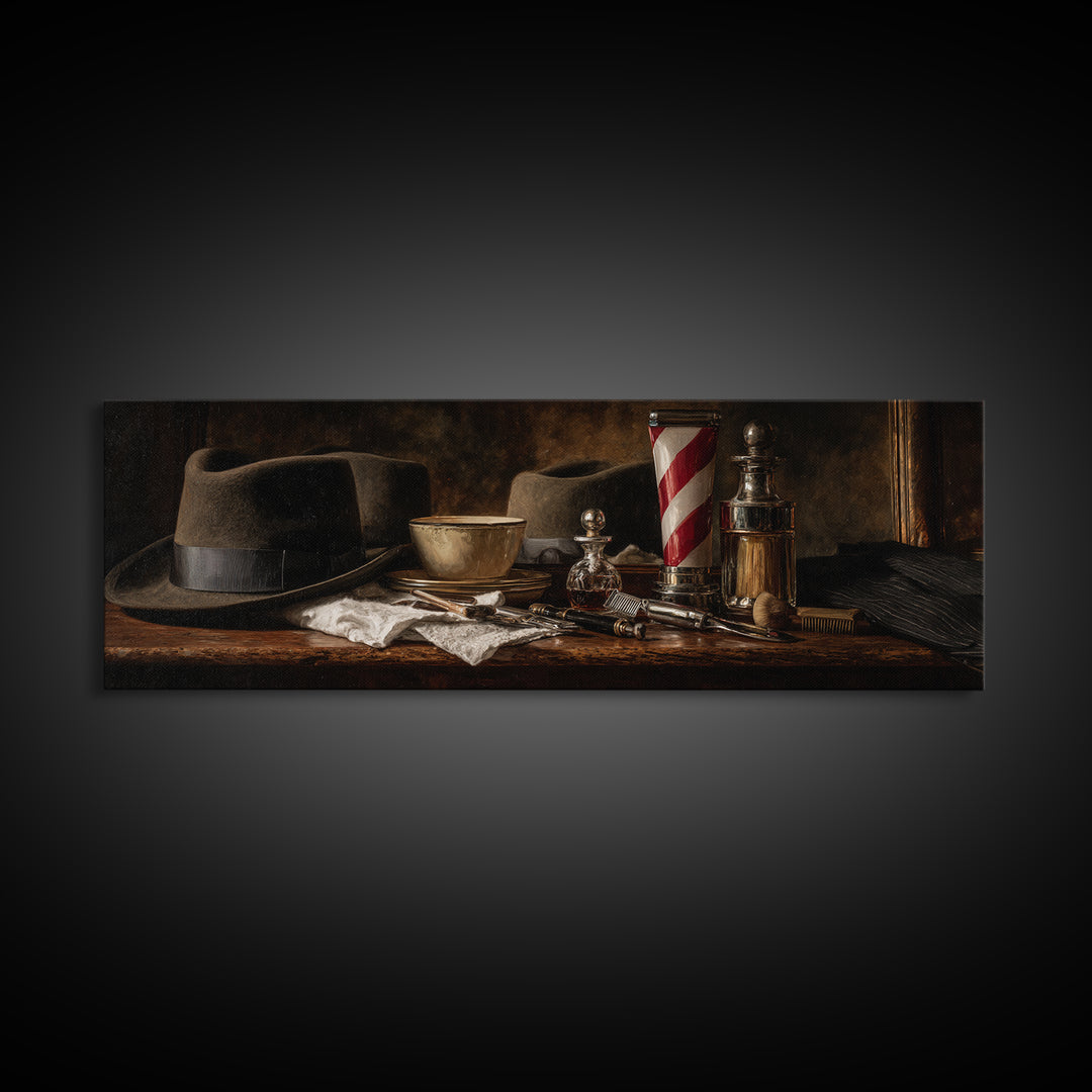 Moody Gentleman Portrait Framed Canvas Print, Barbershop Art, Wall Art, Barbershop Decor, Oil Painting, Grooming, BAA-3x1-2