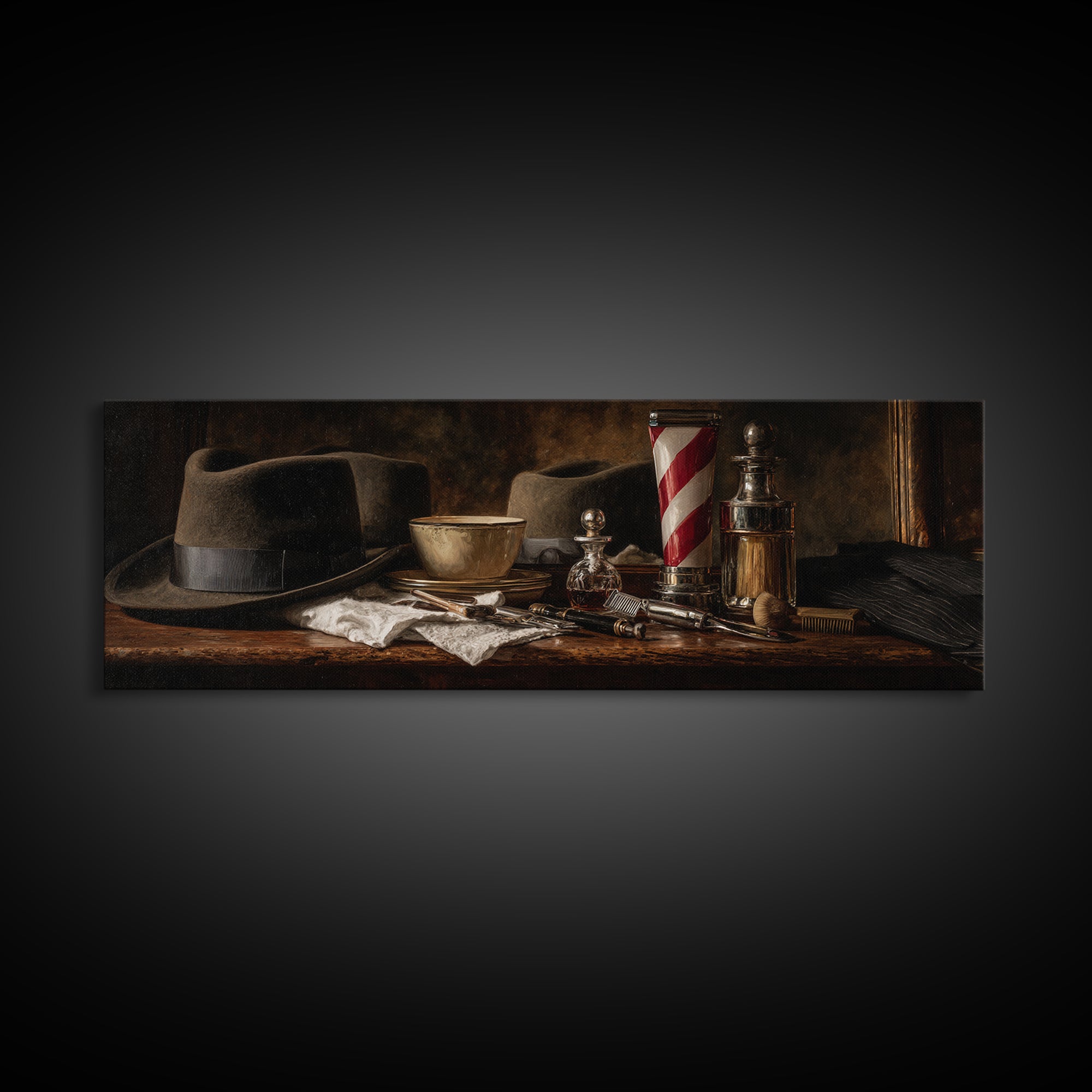 Moody Gentleman Portrait Framed Canvas Print, Barbershop Art, Wall Art, Barbershop Decor, Oil Painting, Grooming, BAA-3x1-2