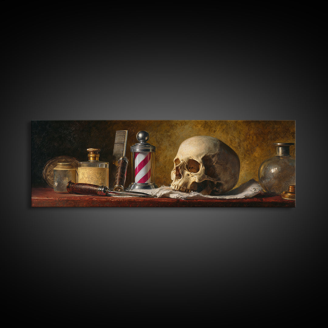 Skull with Comb and Razor in Tattoo Framed Canvas Print, Barbershop Art, Room Decor, Barbershop Decor, Fine Art, Grooming, BAA-3x1-55