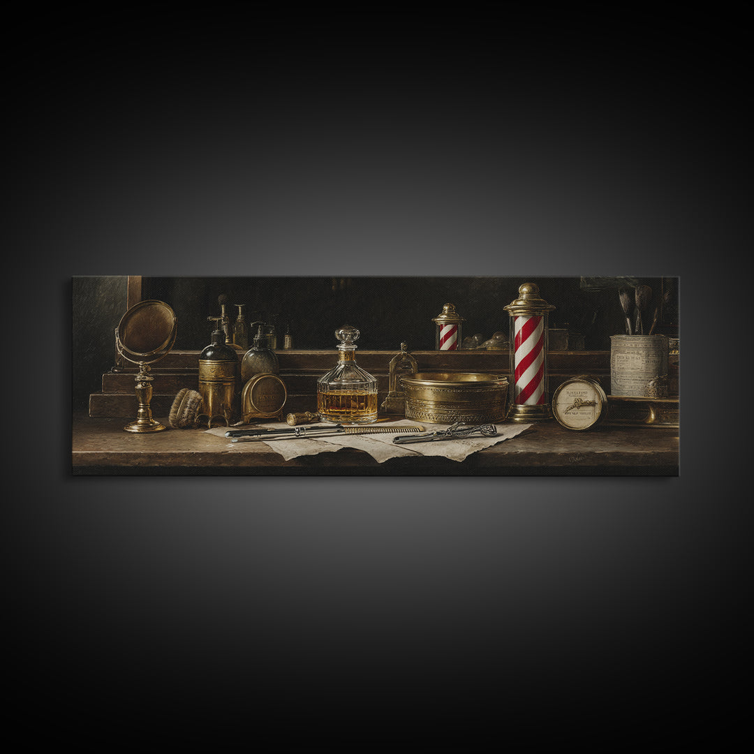 Whiskey and Straight Razor Masculine Still Life Canvas Print, Barbershop Art, Oil Painting, Barbershop Decor, Grooming, BAA-3x1-71