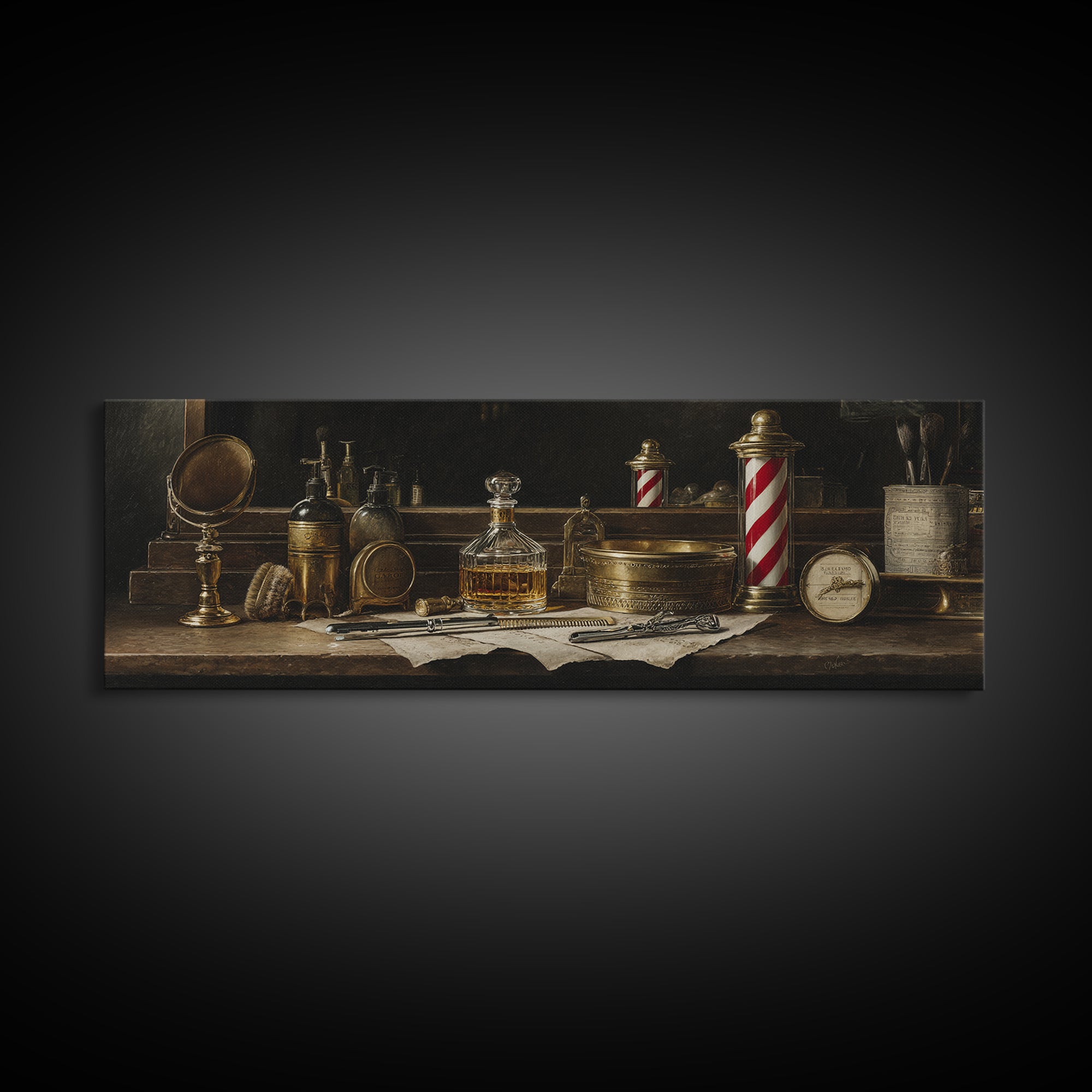 Whiskey and Straight Razor Masculine Still Life Canvas Print, Barbershop Art, Oil Painting, Barbershop Decor, Grooming, BAA-3x1-71