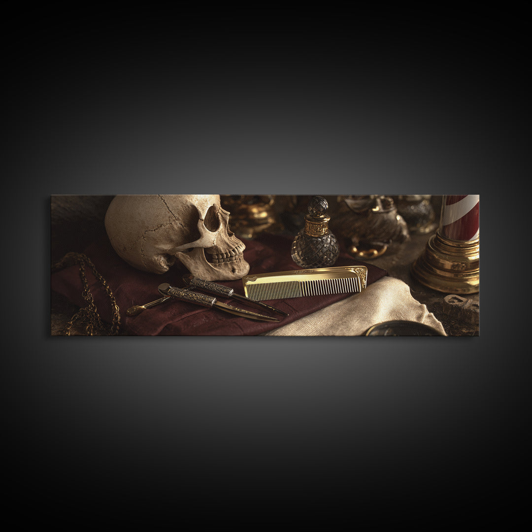 Skull with Comb and Razor in Tattoo Framed Canvas Print, Barbershop Art, Black Art, Barbershop Decor, Oil Painting, Grooming, BAA-3x1-79