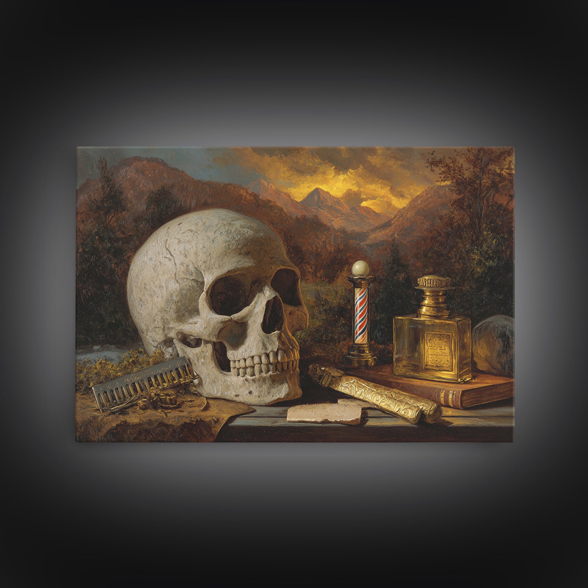 Skull with Comb and Razor in Tattoo Framed Canvas Print, Barbershop Art, Retro Wall Art, Barbershop Decor, Fine Art, Grooming, BAA-3x2-19