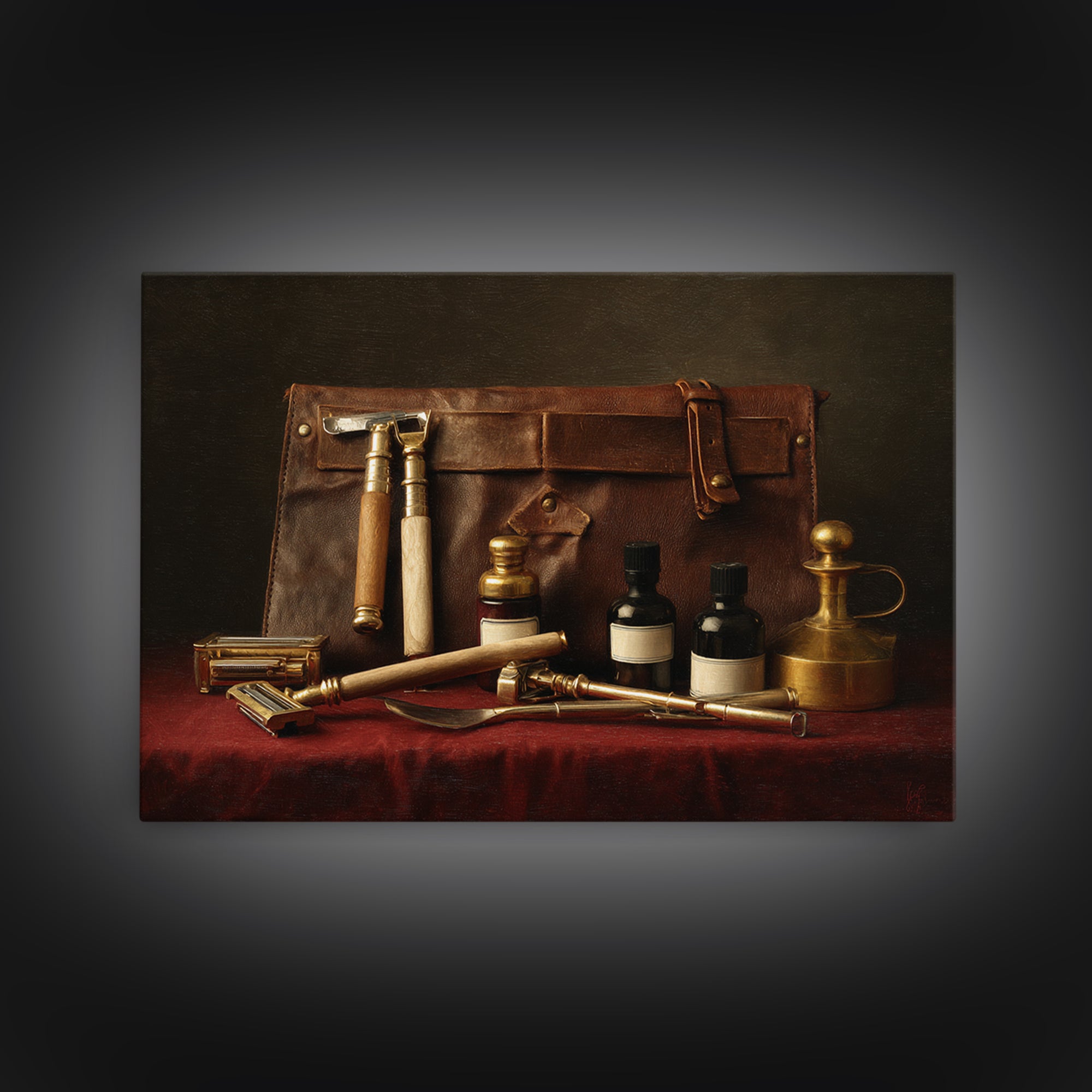 Leather Apron and Brass Tools Still Life Framed Canvas Print, Barbershop Art, Minimalist Decor, Barbershop Decor, Grooming, BAA-3x2-2