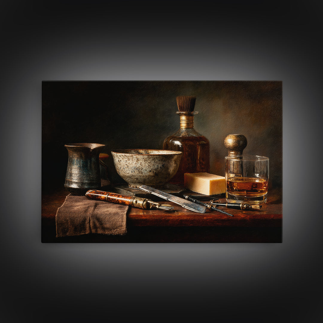 Whiskey and Straight Razor Masculine Still Life Canvas Print, Barbershop Art, Black Art Prints, Barbershop Decor, Grooming, BAA-3x2-35