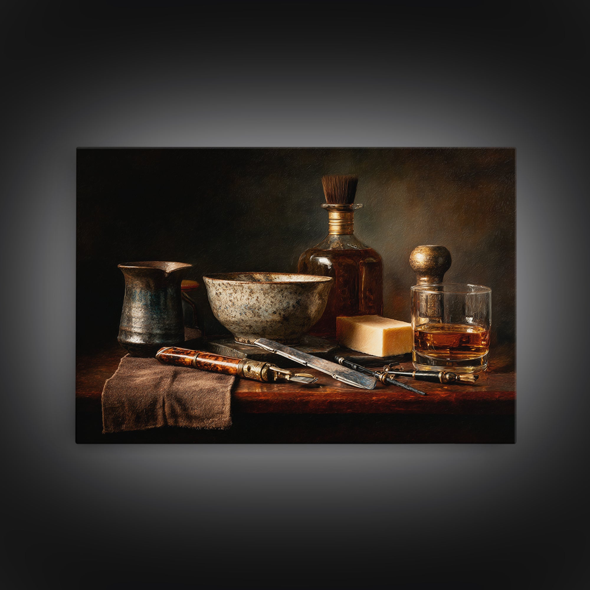 Whiskey and Straight Razor Masculine Still Life Canvas Print, Barbershop Art, Black Art Prints, Barbershop Decor, Grooming, BAA-3x2-35