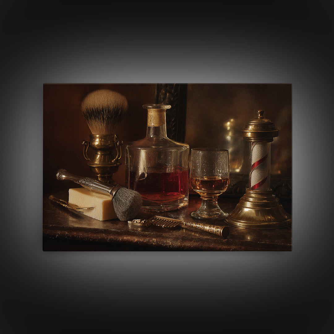 Whiskey and Straight Razor Masculine Still Life Canvas Print, Barbershop Art, Afrocentric Art, Barbershop Decor, Grooming, BAA-3x2-59