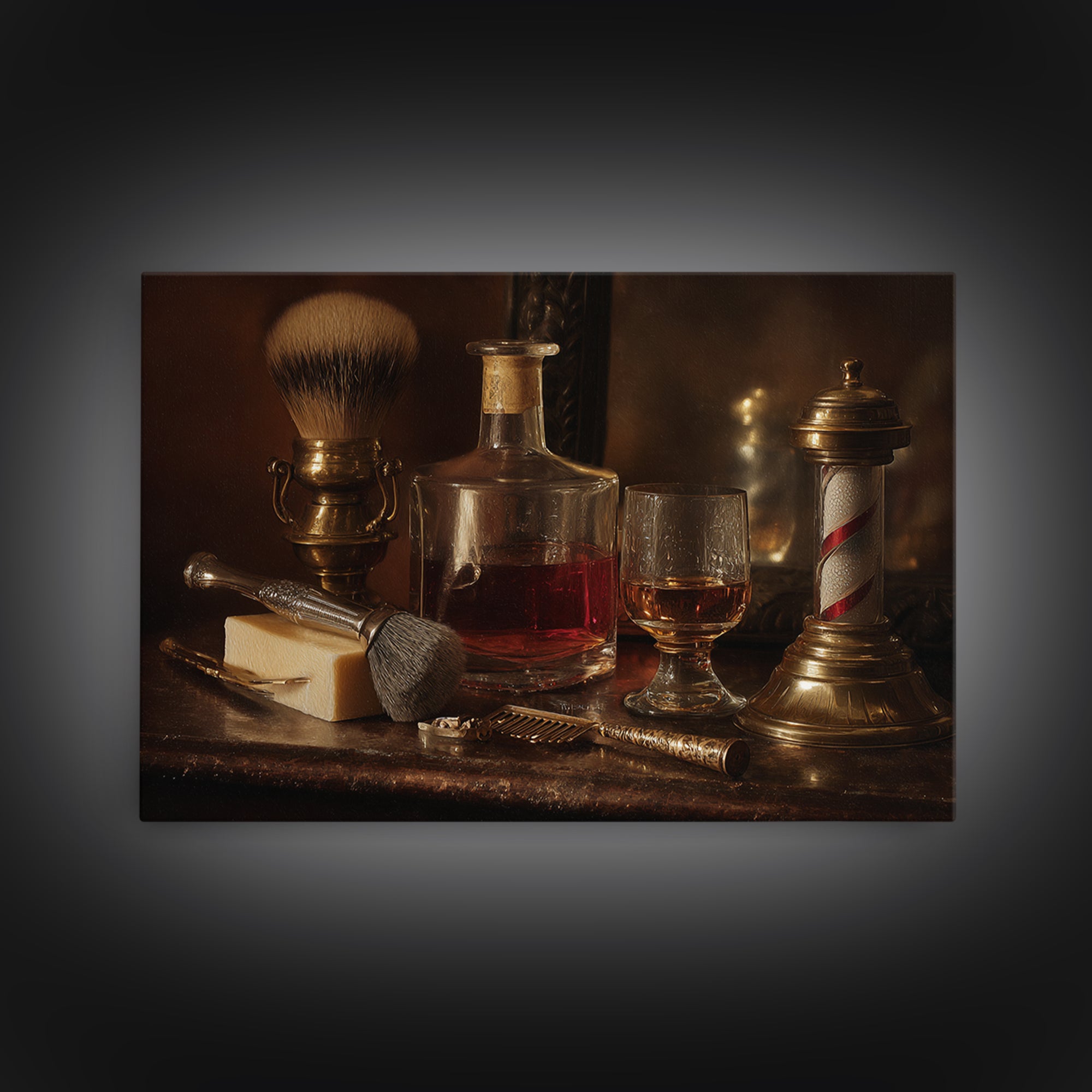Whiskey and Straight Razor Masculine Still Life Canvas Print, Barbershop Art, Afrocentric Art, Barbershop Decor, Grooming, BAA-3x2-59