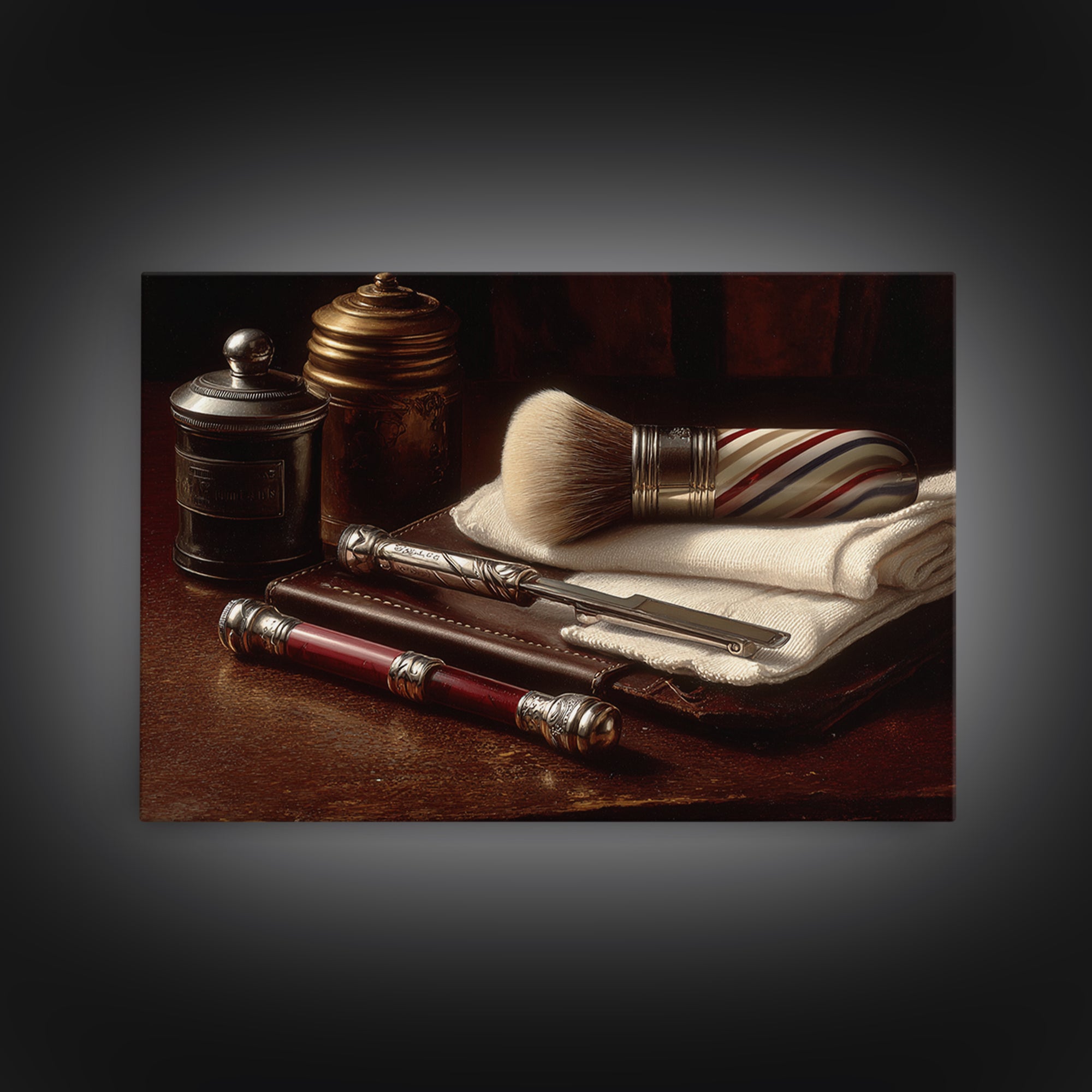 Straight Razor and Shaving Brush on Dark Framed Canvas Print, Barbershop Art, Oil Painting, Barbershop Decor, Grooming, BAA-3x2-6