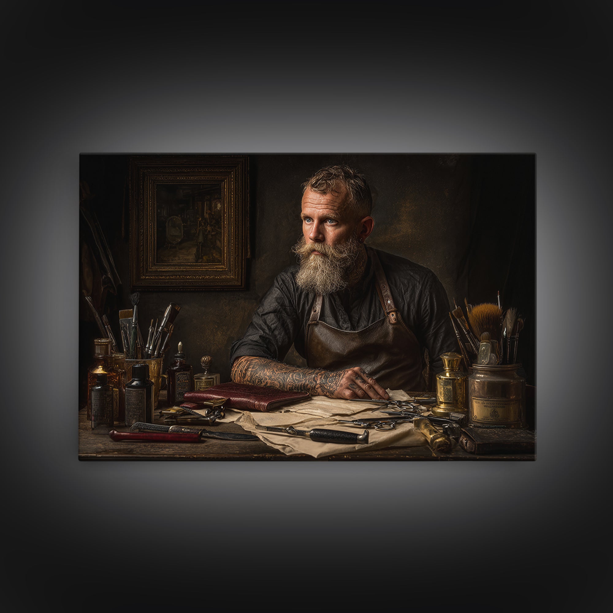 Tattooed Barber Portrait Framed Canvas Print, Barbershop Art, Art Print, Barbershop Decor, Grooming, African American Art, BAA-3x2-8