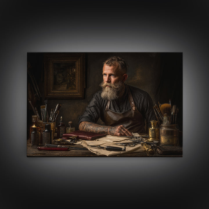 Tattooed Barber Portrait Framed Canvas Print, Barbershop Art, Art Print, Barbershop Decor, Grooming, African American Art, BAA-3x2-8