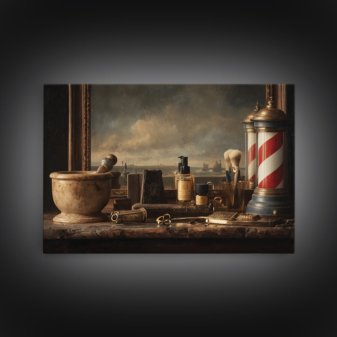 Antique Clippers and Combs on Worn Wood Framed Canvas Print, Barbershop Art, Living Room Art, Barbershop Decor, Grooming, BAA-3x2-85