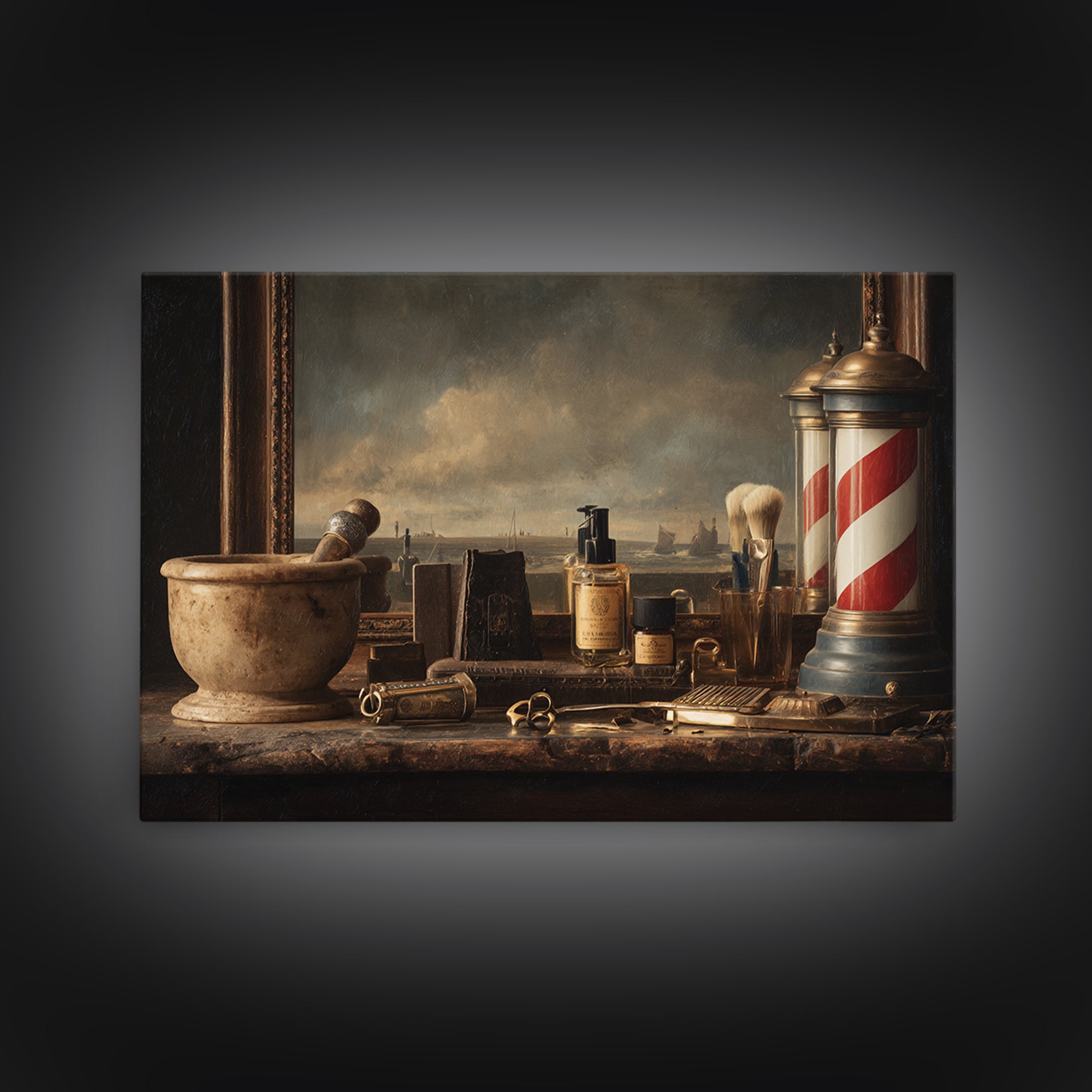 Antique Clippers and Combs on Worn Wood Framed Canvas Print, Barbershop Art, Living Room Art, Barbershop Decor, Grooming, BAA-3x2-85