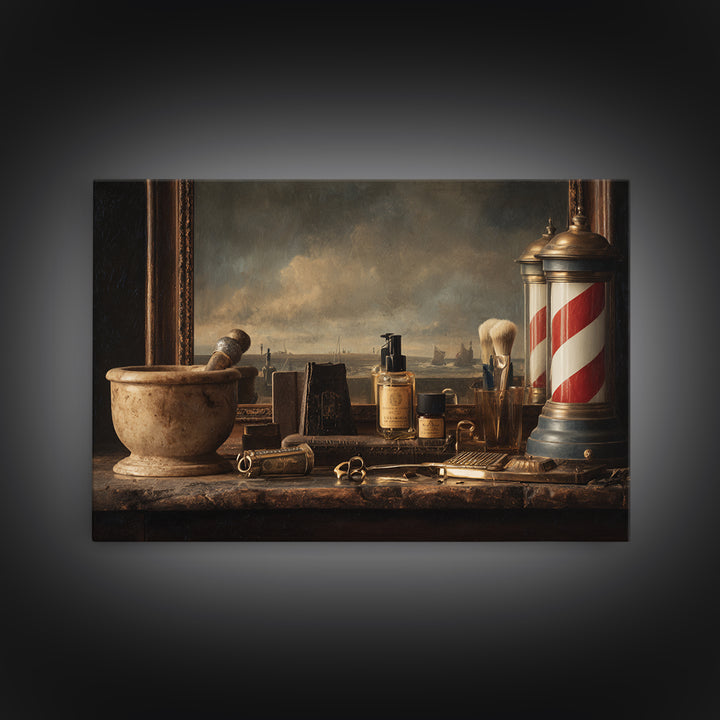 Antique Clippers and Combs on Worn Wood Framed Canvas Print, Barbershop Art, Living Room Art, Barbershop Decor, Grooming, BAA-3x2-85