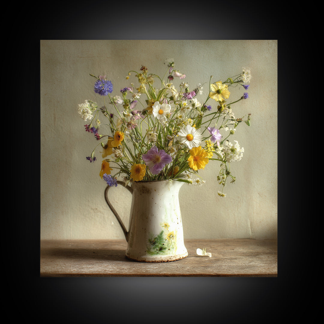 Country Wildflowers in a Chipped Ceramic Pitcher Canvas Print, Bed and Breakfast Art, Modern Decor, Living Room Decor, BAB-1x1-1