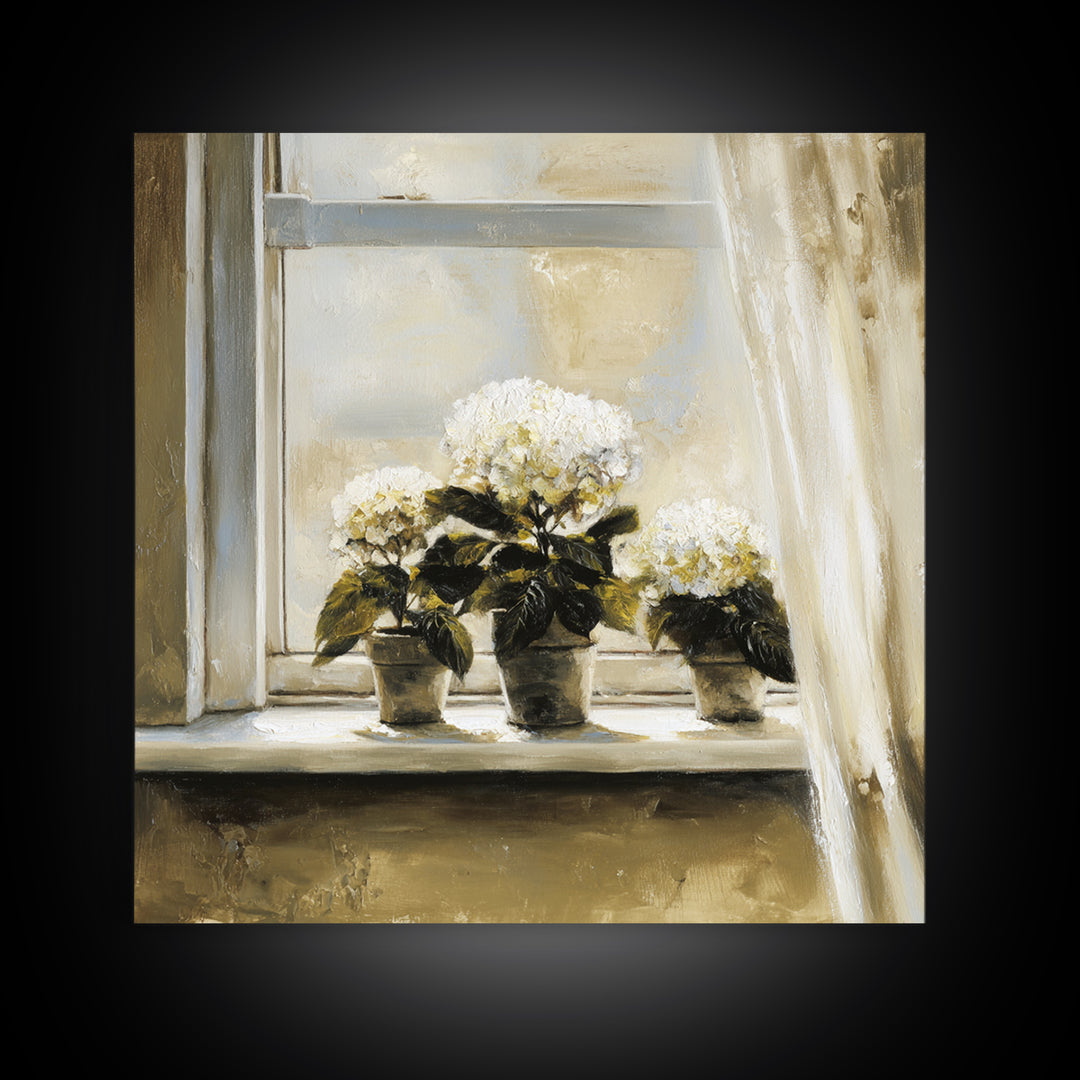Sunlit Hydrangeas on a Windowsill Canvas Print, Bed and Breakfast Art, Trendy Wall Art, Living Room Decor, Fine Art, BAB-1x1-10
