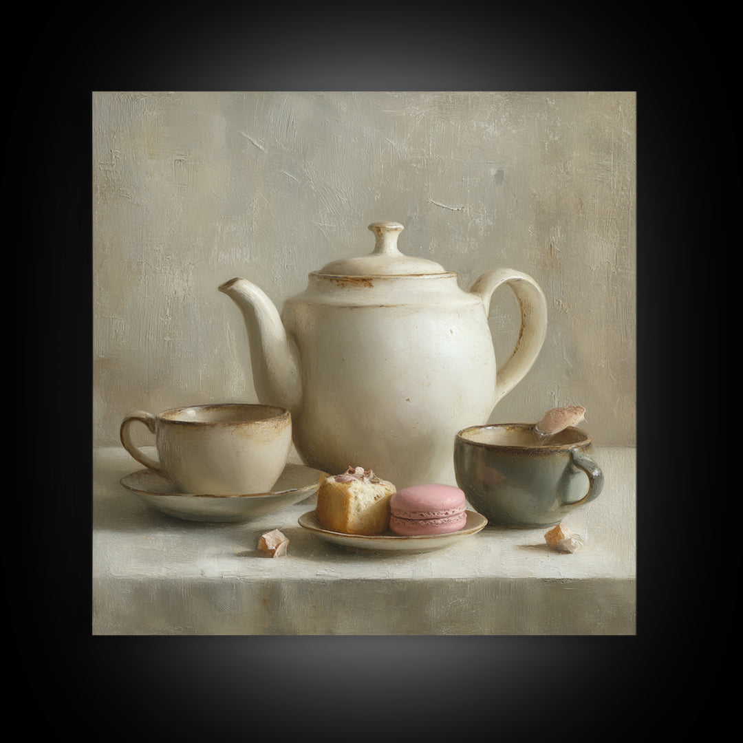 Porcelain Teapot and Scones Framed Canvas Print, Bed and Breakfast Art, Wall Decor, Living Room Decor, Fine Art, BAB-1x1-12