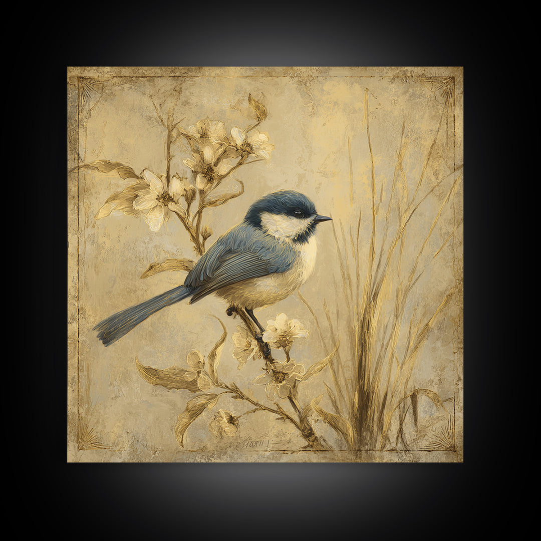Small Bird on a Flowering Branch Canvas Print, Bed and Breakfast Art, Farmhouse Wall Art, Living Room Decor, Fine Art, BAB-1x1-14