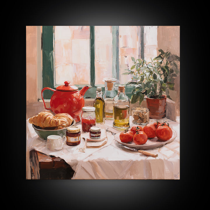Fresh Croissants and Jam on a Linen Framed Canvas Print, Bed and Breakfast Art, Above Bed Decor, Living Room Decor, Fine Art, BAB-1x1-2