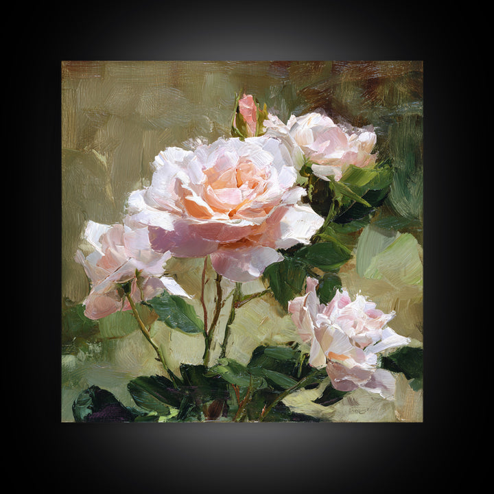 Garden Roses in Romantic Oil Paint Framed Canvas Print, Bed and Breakfast Art, Neutral Decor, Living Room Decor, Oil Painting, BAB-1x1-21