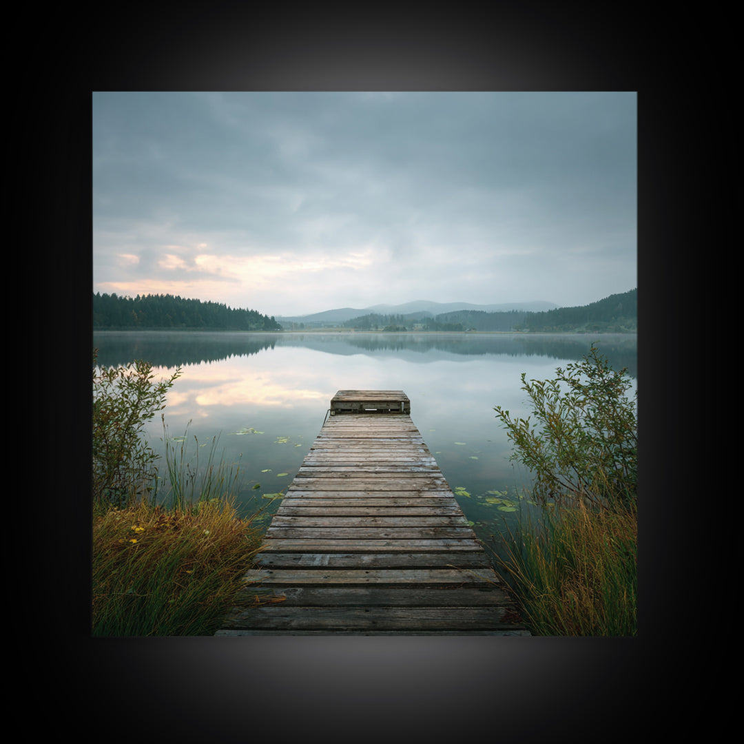Quiet Lake Dock at Early Morning Canvas Print, Bed and Breakfast Art, Farmhouse Wall Decor, Living Room Decor, Fine Art, BAB-1x1-22