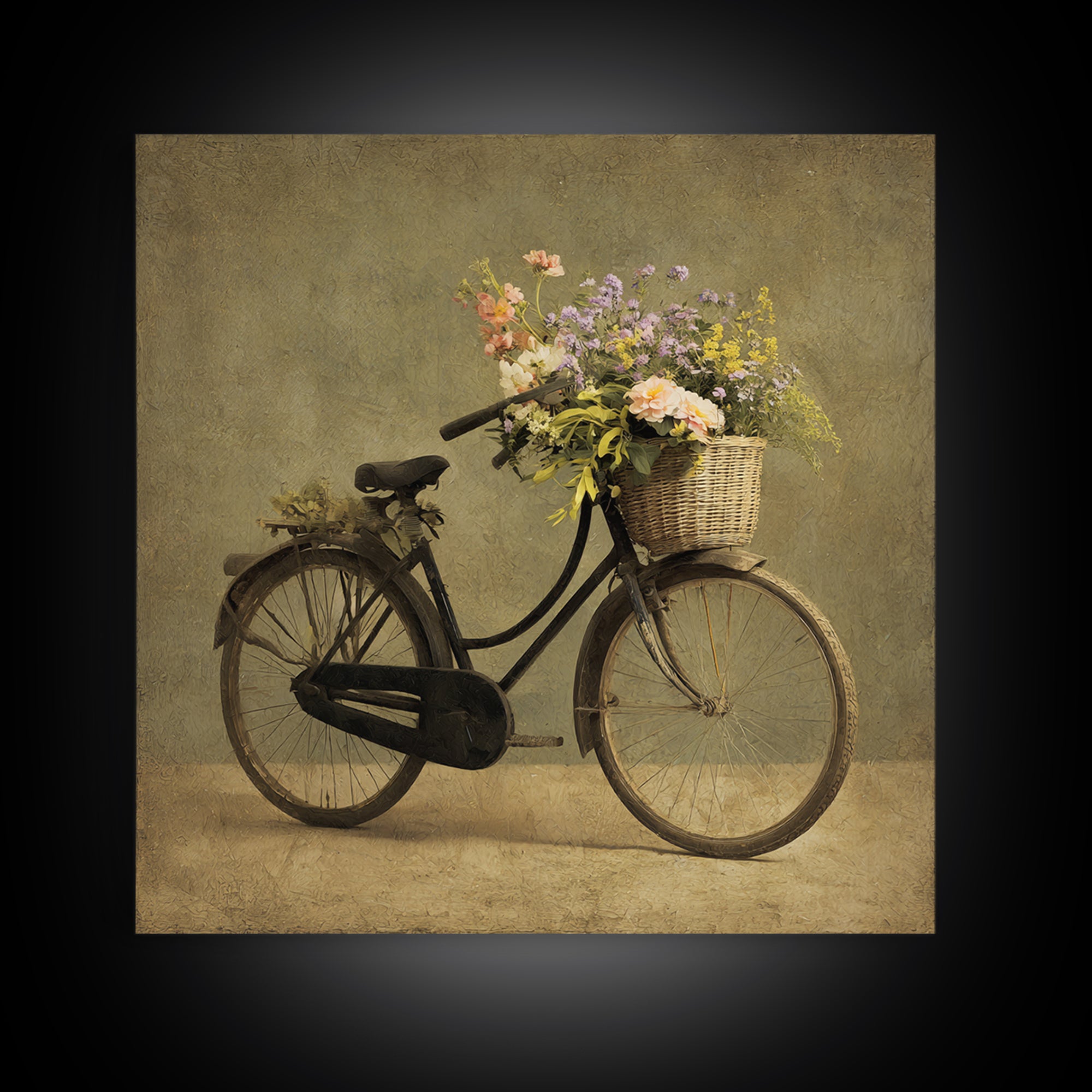 Old Bicycle with Flowers in Basket Canvas Print, Bed and Breakfast Art, Abstract Art, Living Room Decor, Fine Art, BAB-1x1-23