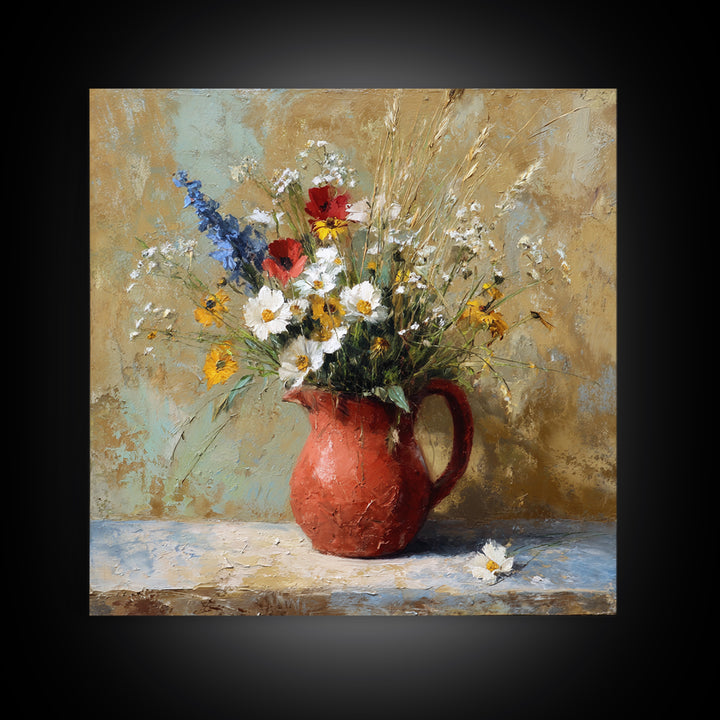 Country Wildflowers in a Chipped Ceramic Pitcher Canvas Print, Bed and Breakfast Art, Room Decor, Living Room Decor, BAB-1x1-25