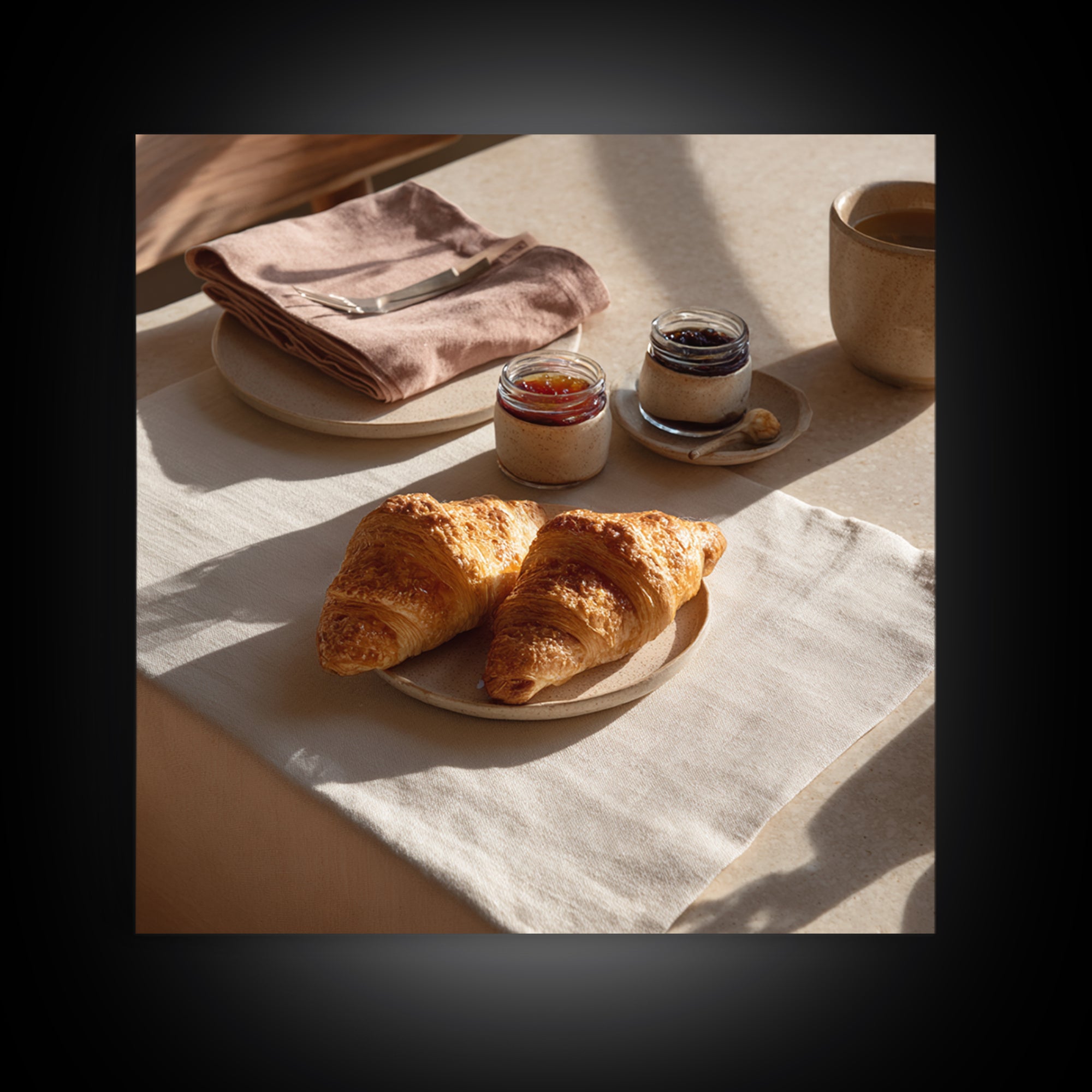 Fresh Croissants and Jam on a Linen Canvas Print, Bed and Breakfast Art, Folk Art, Living Room Decor, Abstract Art, BAB-1x1-26