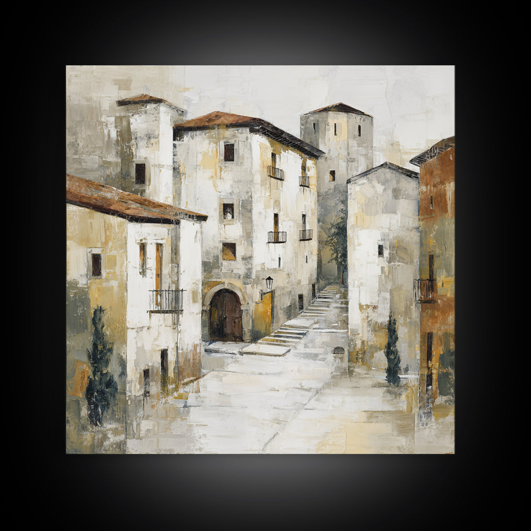 Soft Watercolor Village Street at Dawn Canvas Print, Bed and Breakfast Art, Textured Painting, Living Room Decor, BAB-1x1-29