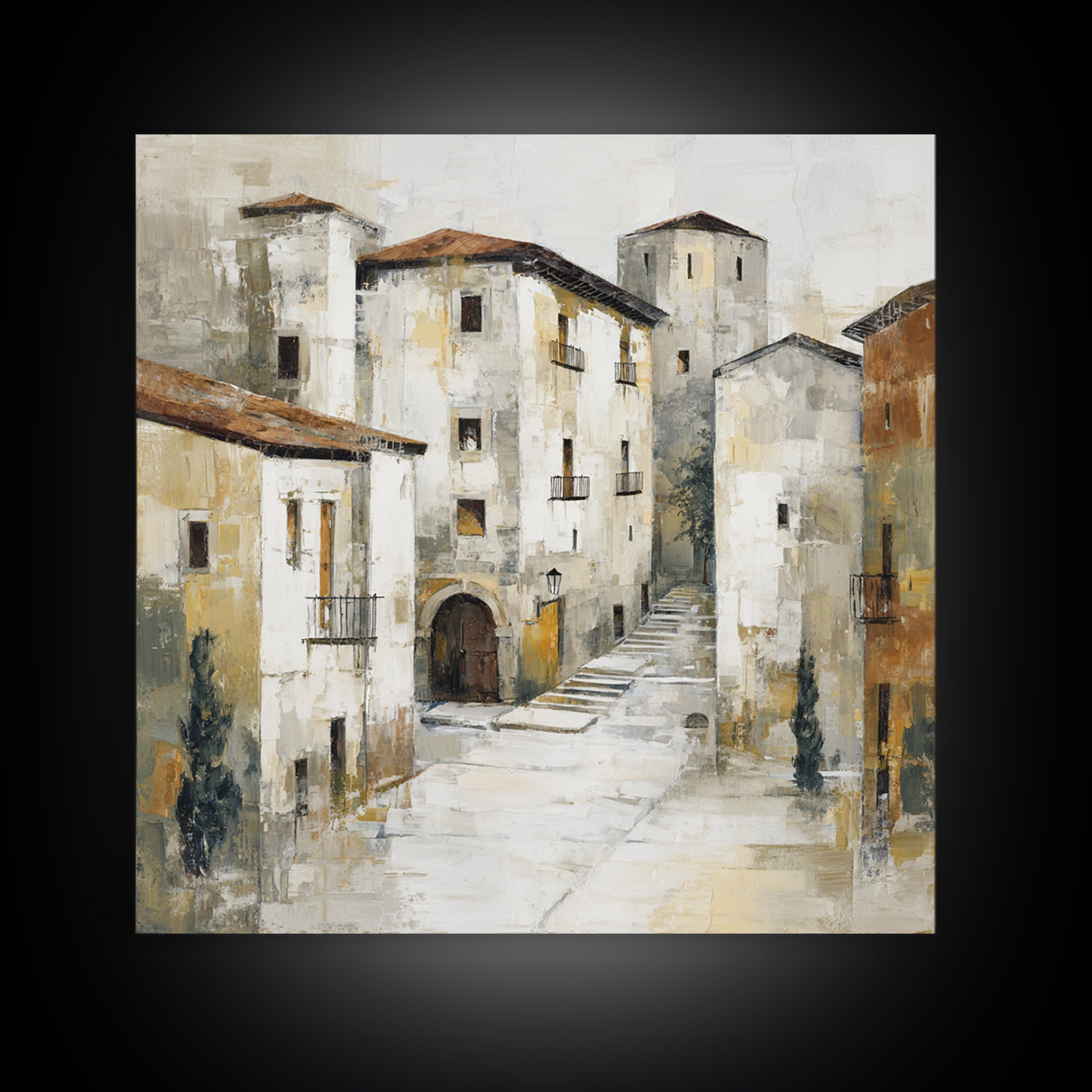 Soft Watercolor Village Street at Dawn Canvas Print, Bed and Breakfast Art, Textured Painting, Living Room Decor, BAB-1x1-29