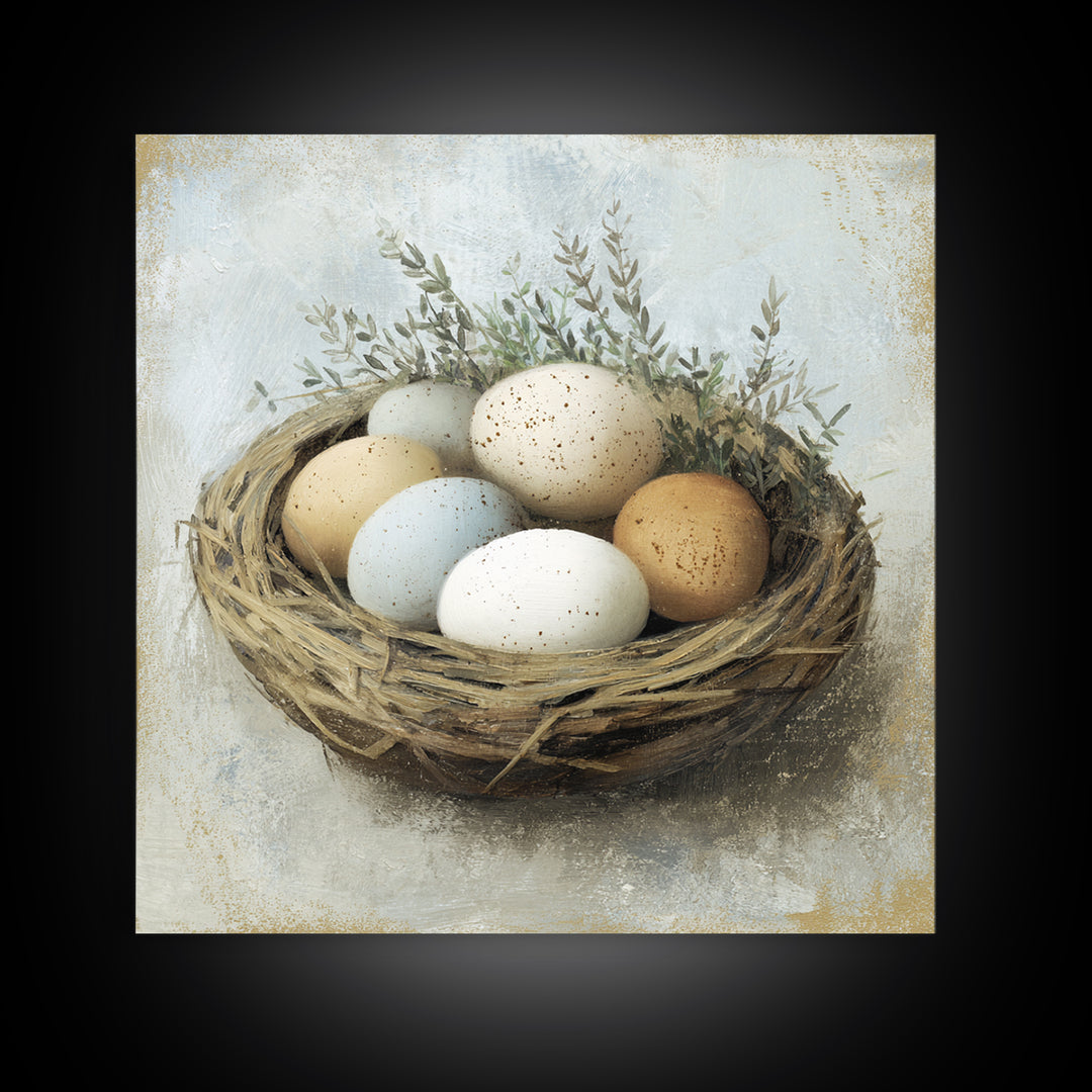 Fresh Eggs in a Woven Basket with Canvas Print, Bed and Breakfast Art, Bedroom Art, Living Room Decor, Oil Painting, BAB-1x1-30