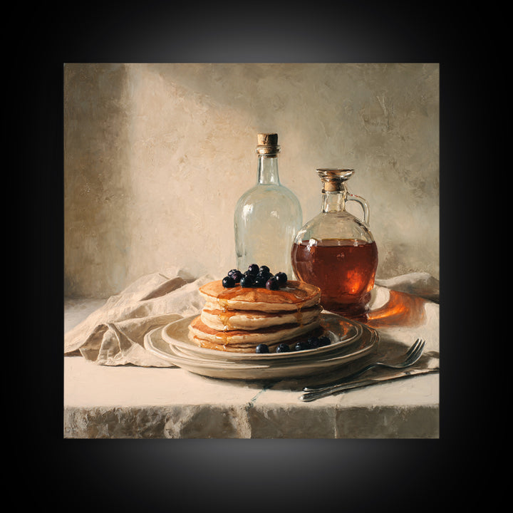 Blueberry Pancakes Still Life Framed Canvas Print, Bed and Breakfast Art, Gallery Decor, Living Room Decor, Fine Art, BAB-1x1-32