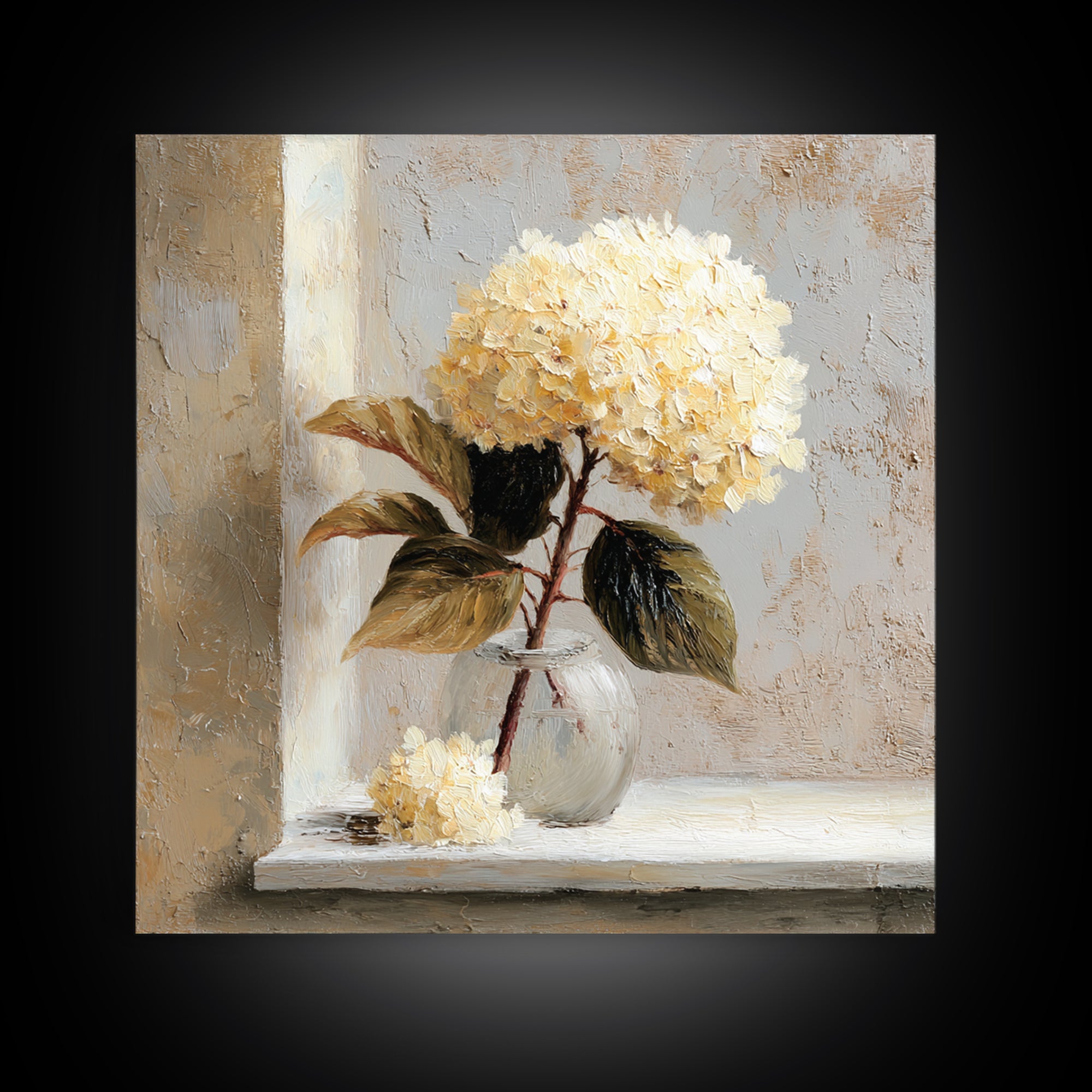 Sunlit Hydrangeas on a Windowsill Canvas Print, Bed and Breakfast Art, Rustic Home Decor, Living Room Decor, BAB-1x1-34