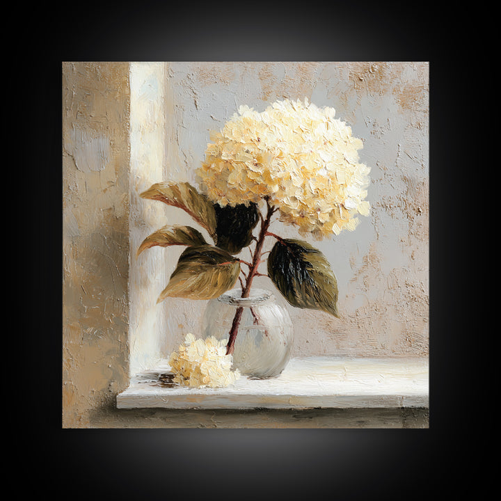 Sunlit Hydrangeas on a Windowsill Canvas Print, Bed and Breakfast Art, Rustic Home Decor, Living Room Decor, BAB-1x1-34
