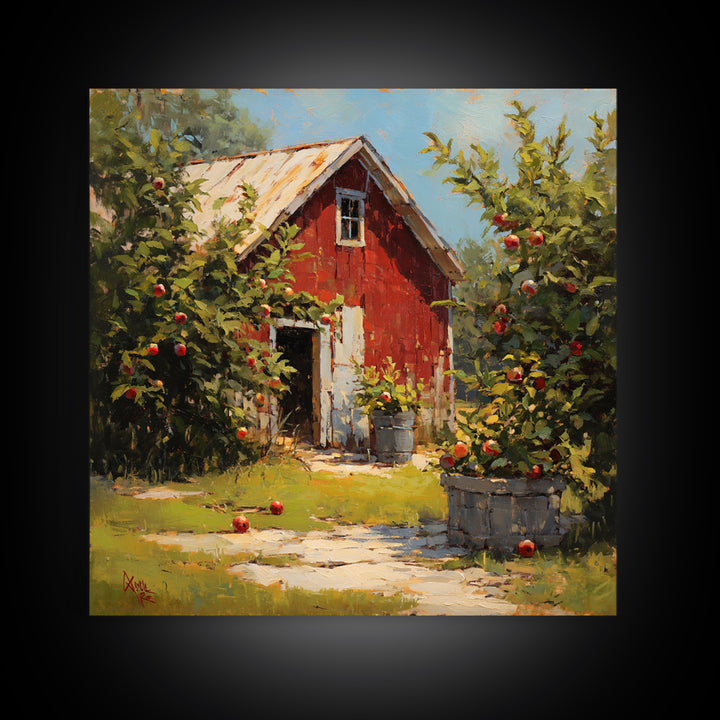 Apple Orchard Scene Framed Canvas Print, Bed and Breakfast Art, Boho Decor, Living Room Decor, Oil Painting, BAB-1x1-37