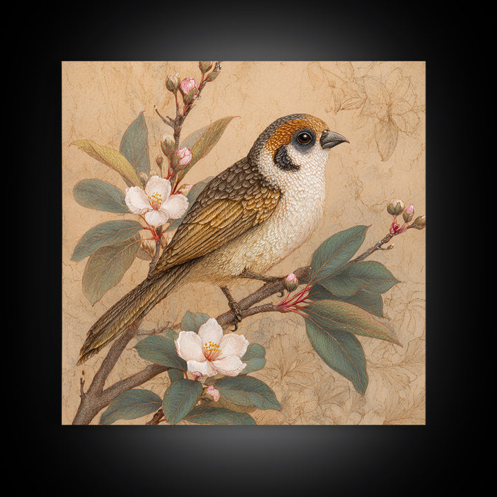 Small Bird on a Flowering Branch Framed Canvas Print, Bed and Breakfast Art, Gallery Decor, Living Room Decor, Fine Art, BAB-1x1-38