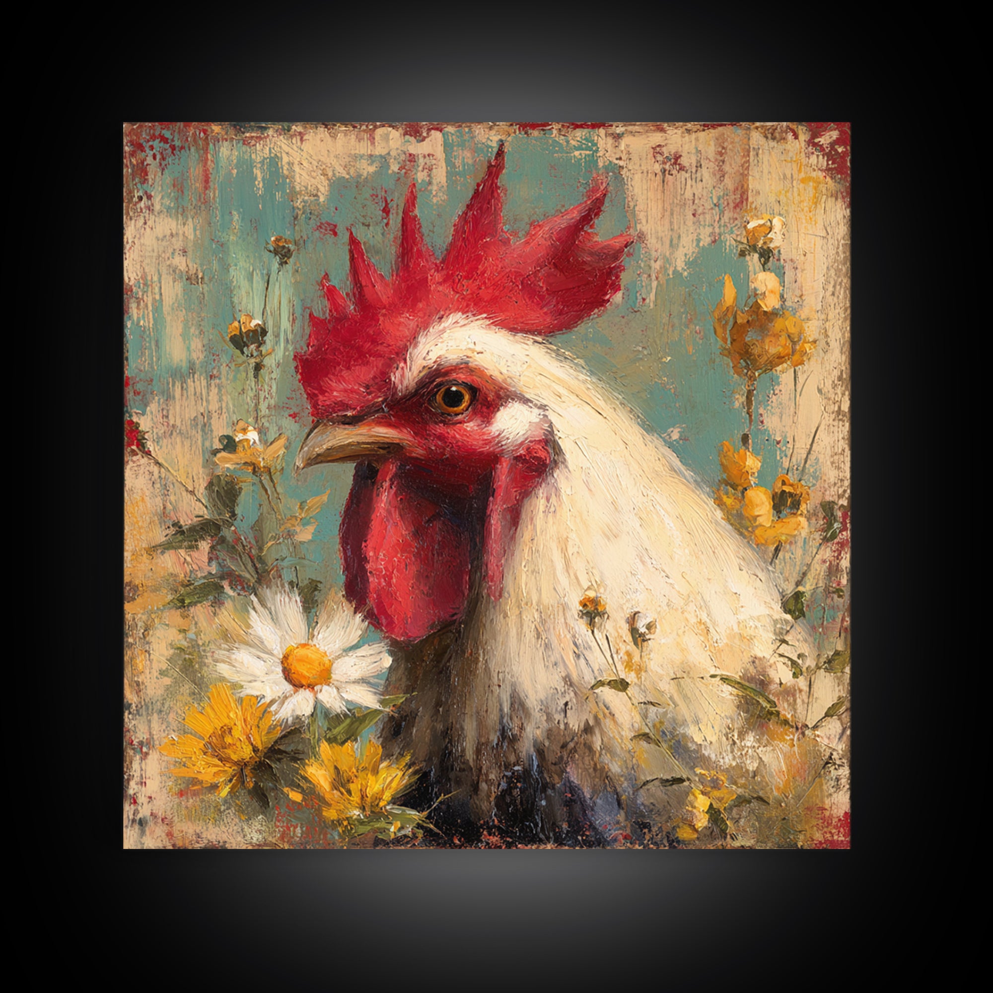 Rooster and Wildflower Country Portrait Canvas Print, Bed and Breakfast Art, Farmhouse Wall Decor, Living Room Decor, BAB-1x1-43