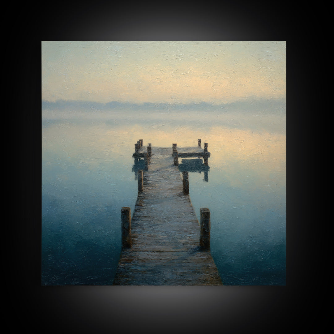 Quiet Lake Dock at Early Morning Framed Canvas Print, Bed and Breakfast Art, Coffee Wall Art, Living Room Decor, Oil Painting, BAB-1x1-46