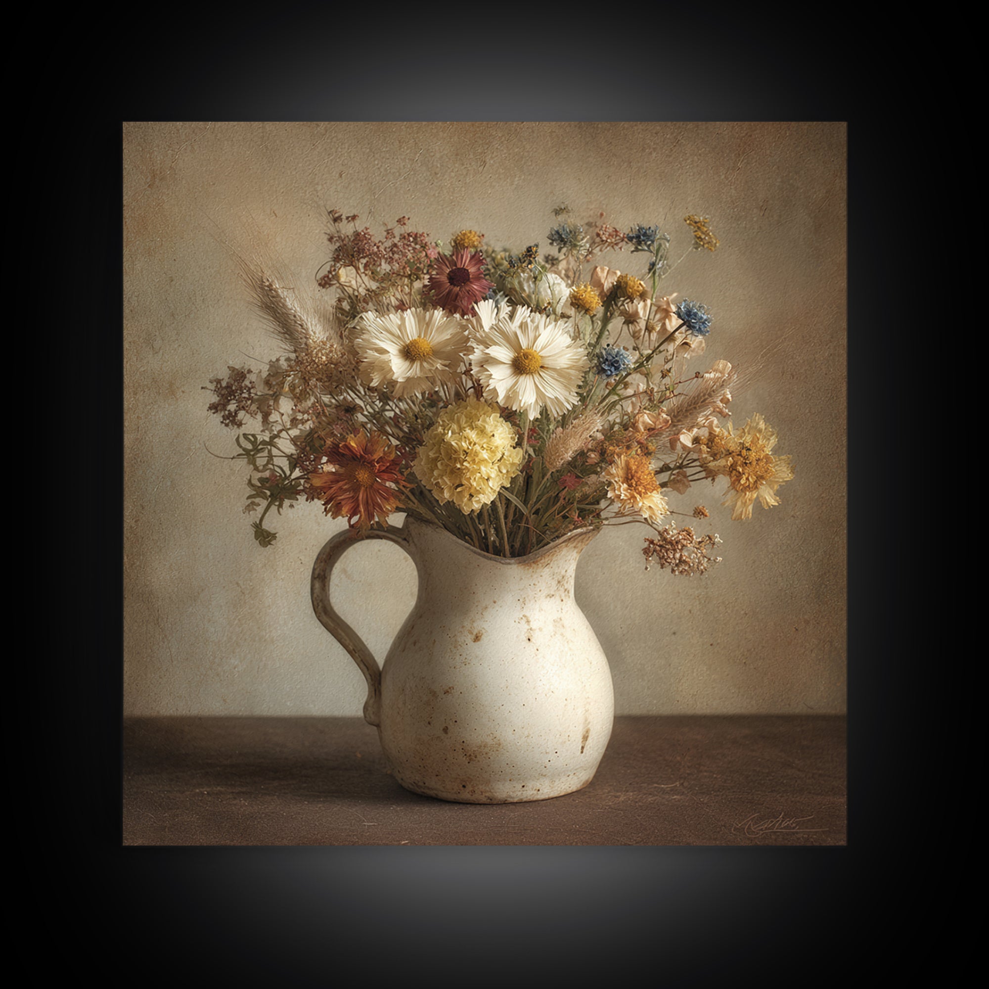 Country Wildflowers in a Chipped Ceramic Pitcher Canvas Print, Bed and Breakfast Art, Room Decor, Living Room Decor, BAB-1x1-49