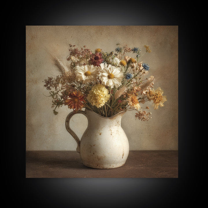 Country Wildflowers in a Chipped Ceramic Pitcher Canvas Print, Bed and Breakfast Art, Room Decor, Living Room Decor, BAB-1x1-49