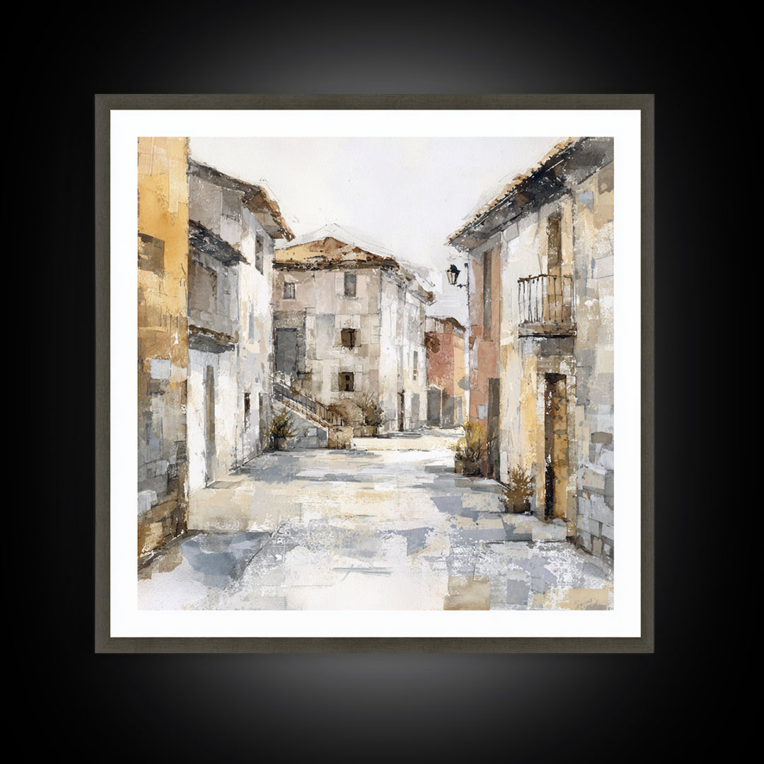 Soft Watercolor Village Street at Dawn Canvas Print, Bed and Breakfast Art, Fine Art Print, Living Room Decor, Fine Art, BAB-1x1-5
